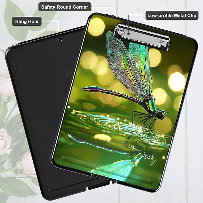 Heavy Duty Storage Clipboard, Slim Nursing Clipboard with Internal Pen Case, Portable File Organizer Case for A4 Letter Size Paper Office Medical Professionals, Green Dragonfly