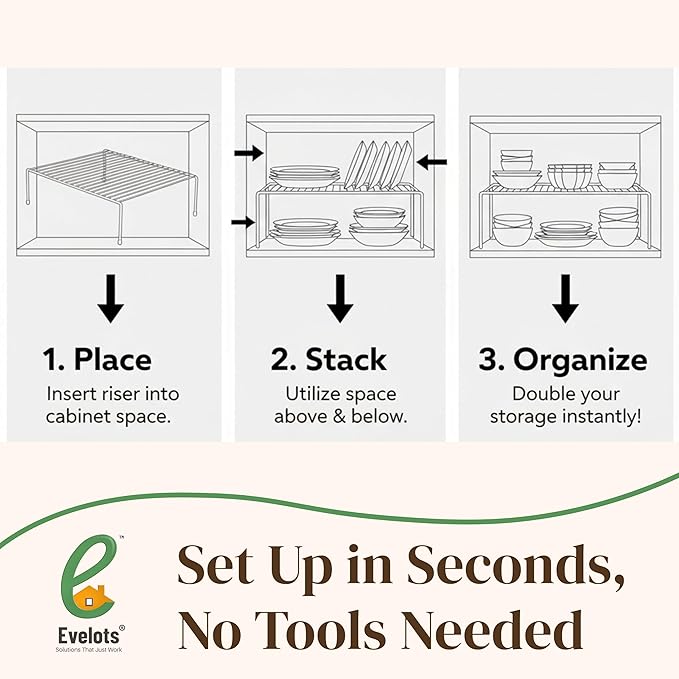 Evelots Wire Shelf Organizer Set, Metal Cabinet Shelf Risers, 4-Pack, White | 4-Pack rustproof metal wire shelf organizers create extra storage space in kitchen cabinets, pantries, freezers and bathrooms