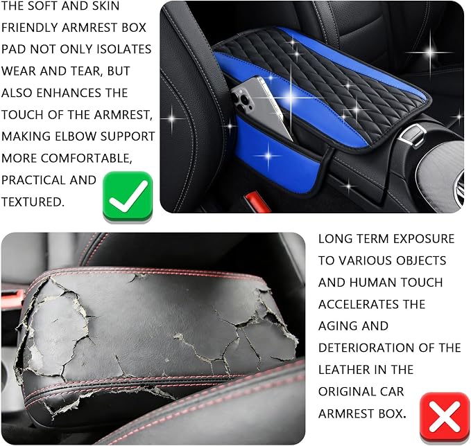 Leather Car Center Console Cover with Side Storage Pockets, Waterproof Armrest Cushion Protector Organizer for Vehicles SUVs, Interior Accessories, Car Decorations Stylish Arm Rest Pad (Blue)