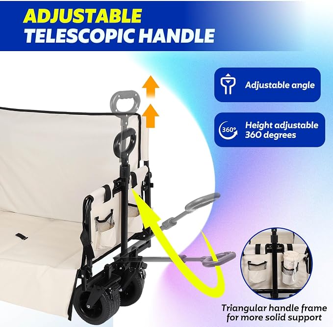 Portable Collapsible Folding Wagon, 550LBS Heavy Duty Utility Carts | Reclining Camper, Expandable Storage, Padded and Wheeled, All Terrain Wheels, Great for Camping, Outdoors, Shopping (White)