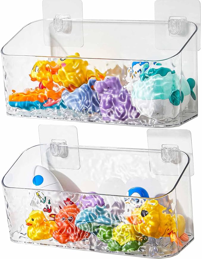 Bath Toy Storage 2 Packs, Large Bath Toy Holder - No Drill, Quick-Dry | BPA-Free Bathtub Toy Organizer, Wall-Mounted Adhesive Shower Caddy, Bathroom Toy Basket & Bin for Baby, Toddler, Kids, Wave