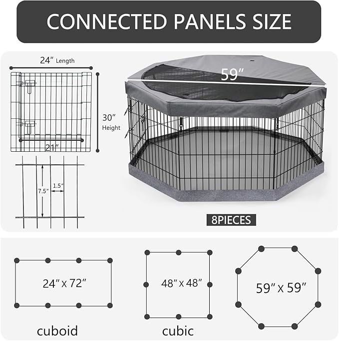 PETIME Foldable Metal Dog Exercise Pen/Pet Puppy Playpen Kennels Yard Fence Indoor/Outdoor 8 Panel 24" W x 30" H with Top Cover and Bottom Pad (Playpen+Bottom+Top Cover, 8 Panels 30" H)