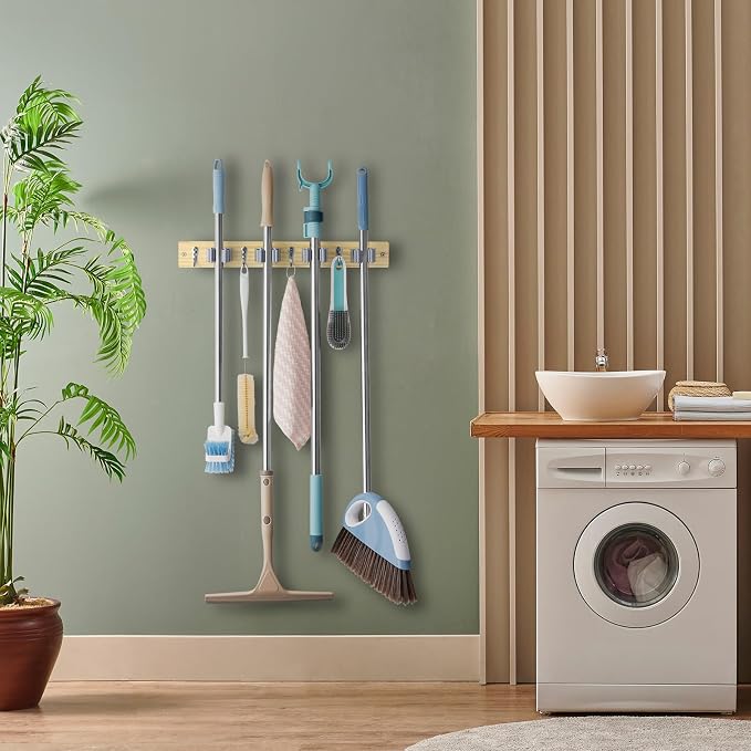 OUTNILI Mop and Broom Holder Wall Mount - Light Wood Broom Mop Hanger - Wall Mounted Garden Tool Rack Organizer for Closet Garage Laundry Room Kitchen With 4 Slots & 4 Hooks