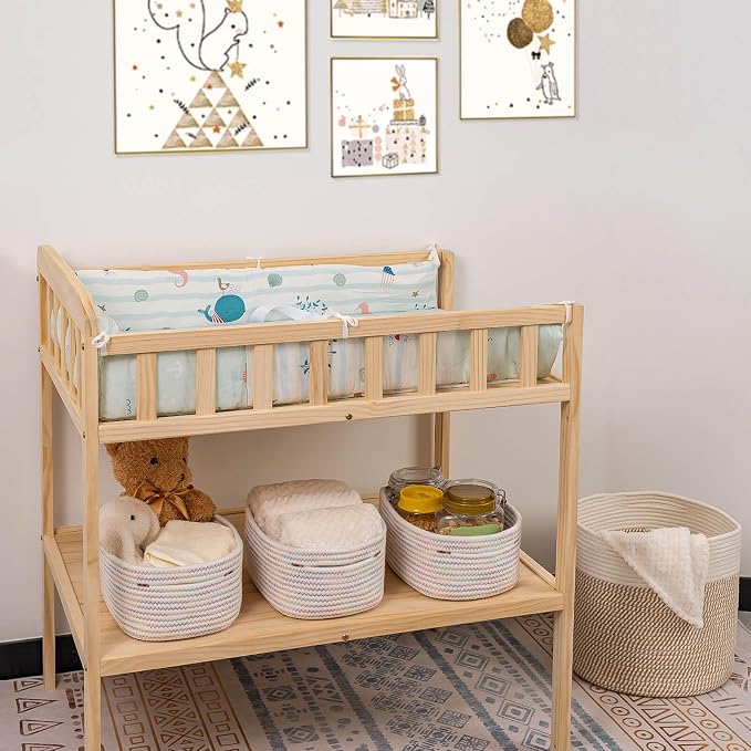 CubesLand Rectangle Woven Cotton Rope Storage Basket for Organizing | Small Basket for Kids, Baby Nursery, Cat Dog Toy Baskets, Organizer Bins for Shelves Rainbow Stitches