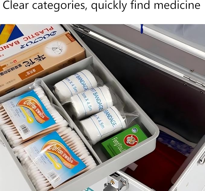 Metal First Aid Box Empty Aluminum Medicine Box Lock with Keys, 12.2 * 7.08 * 7.08” Medium Size Container with Handle, First Aid Kit Box Organizer, Silver