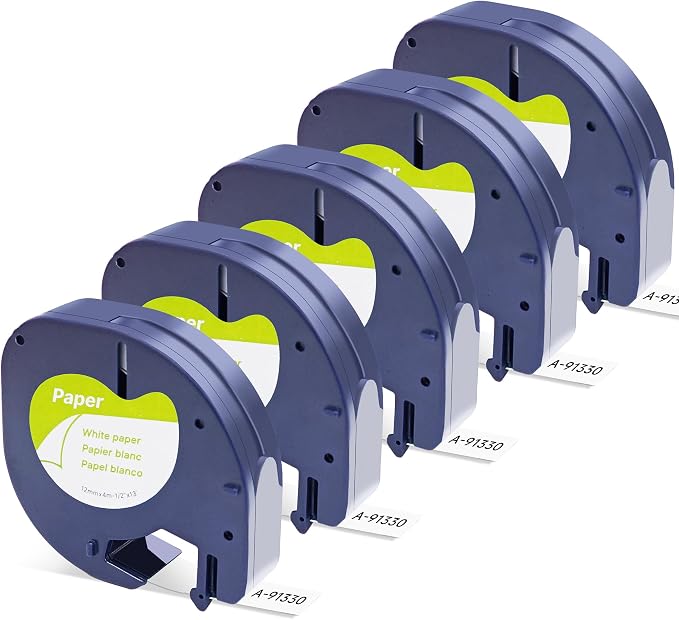 Replacement for DYMO LetraTag Refills, for Dymo Label Maker Refills, 91330 Paper Label Tape 12mm (1/2" x 13ft) for Dymo Labels Letra Tag 100H 100T 200B QX50 (Black on White, 5 Pack)