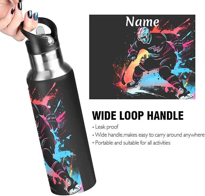 Custom Name Hockey Player Water Bottle with Straw Lid Kids Insulated Stainless Steel Water Flask Sports, 20 Oz Hot Cold