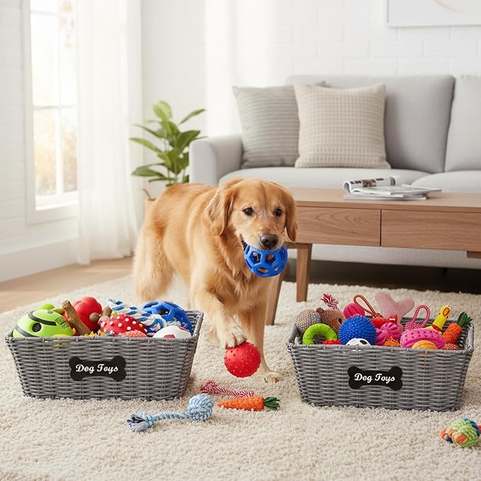 Dog Toy Basket, 2pcs Dogs Toy Bin,Dog Toy Box for Living Room Area, Handmade Poly Wicker Baskets for Pet Toys Blanket Collar Snack-Grey ﻿