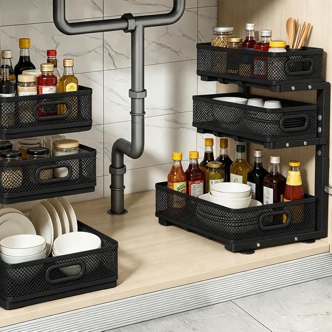 1 Pack 3 Tier Under Sink Organizer with Pull Out Drawer, Height Adjustable Heavy Duty Metal Under Cabinet Organizer, Smooth Sliding Storage Shelf for Kitchen, Bathroom Cabinet Organization, Black