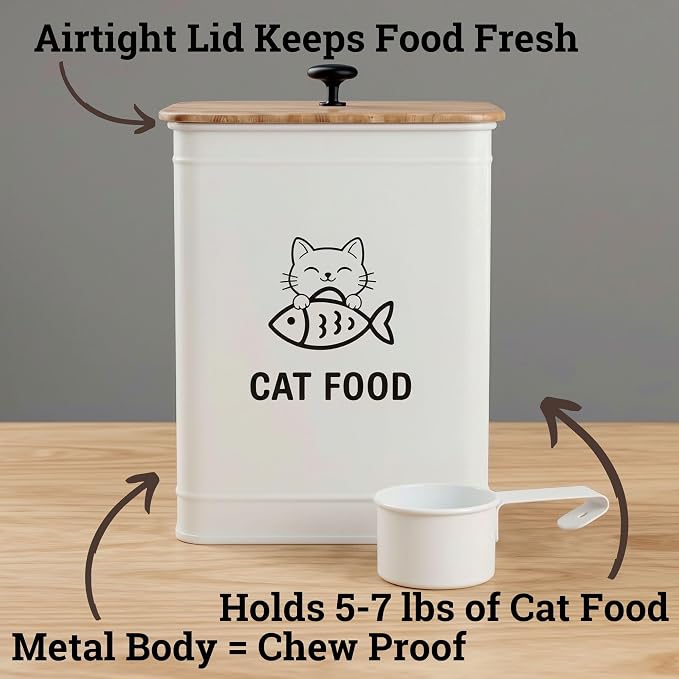 Metal Cat Food Container with Scoop 5-7 lb (25 Cup), w/ Airtight Bamboo Lid | Cat Kibble Canister with Metal Scoop, 25 Cups, Chew Proof Iron Body, Powder Coated, Airtight Bamboo Lid, Sturdy Metal Handle