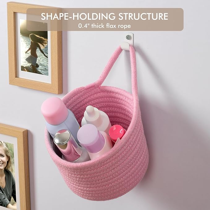 Fabric Wall Hanging Baskets - 3Pack Woven Pouchs Boho Style Wall Mounted Bag with Adhesive Hooks, Storage Organizers and Decoration Pocket Caddy Bins on Door Rack (Bright Pink & White, Large) | Wall Small Bags with Adhesive Hooks, Cotton Rope, Boho Dec...