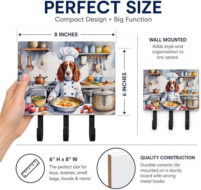 Caroline's Treasures Welsh Springer Spaniel The Chef Leash or Key Holder Wall Hooks, Key Hooks Holder, Coat Rack Wall Mount, Coat Hooks, Hooks for Hanging Keys, Towels, Aprons, Leashes | Welsh Springer Spaniel The Chef artwork on ceramic tile with thre...