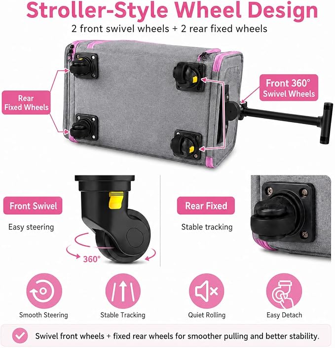 Airline Pet Carrier with Wheels, 18x11x11 for Cats & Toy Dogs | Soft-sided nylon under-seat bag, removable wheels, expandable mesh, cats & toy-breed dogs, measure pet before buying