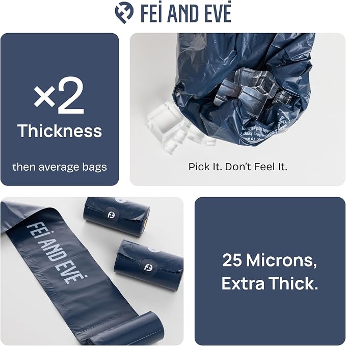 Fei & Eve Dog Poop Bags 20 Rolls, Extra Thick 25 Micron & 100% Leak-Proof | Unscented, Full Blackout & Odor-Locking, Stretch Resistant, Easy to Tear off, Waste Bags