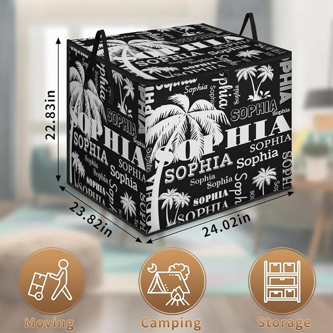 Personalized Extra Storage Bins with Lid, Customized Name Tropical Palm Tree Black Storage Basket Rectangle Clothes Organizer for Organizing Kids Toys Shelf Closet
