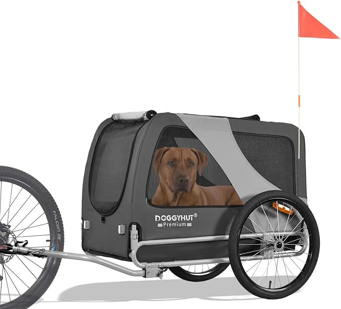 DOGGYHUT® Premium X Large Pet Bike Trailer Up to 100 lbs (Gray) | Bicycle Trailer for Small Medium or Large Dogs, Dog Bicycle Carrier, Low Center of Gravity, Folding Frame Cart