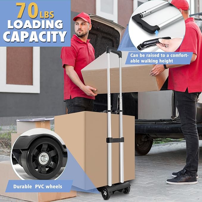 Folding Hand Truck Aluminum Trolley,Small Dolly, Foldable Hand Cart, | Folding Hand Cart, 2 Wheel Luggage Dolly,Expandable Large Chassis Foldable into Backpack Trolley