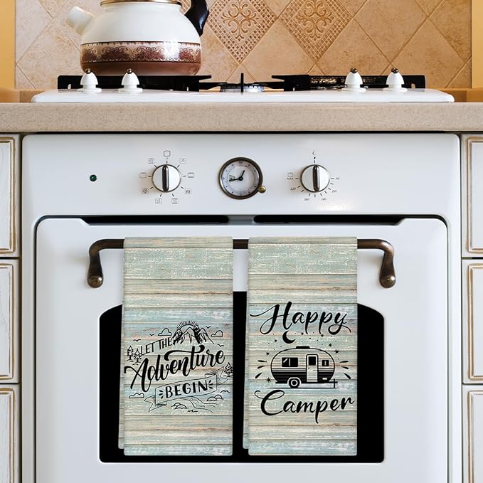 Happy Camper Kitchen Towels and Dishcloths Set of 2, Funny Decorative Hand Towel Drying Cloth for Bathroom, Camping Gift for Men, Women, 16x24 Inches -09