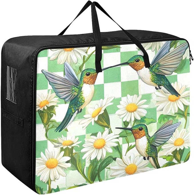 Comforter Storage Bags Large Folding Blanket Organizer Bag with Strong Handles Clear Window Closet Storage Containers for Clothes King Queen Pillows Bedding Quilt Duvet Checkered White and Gree