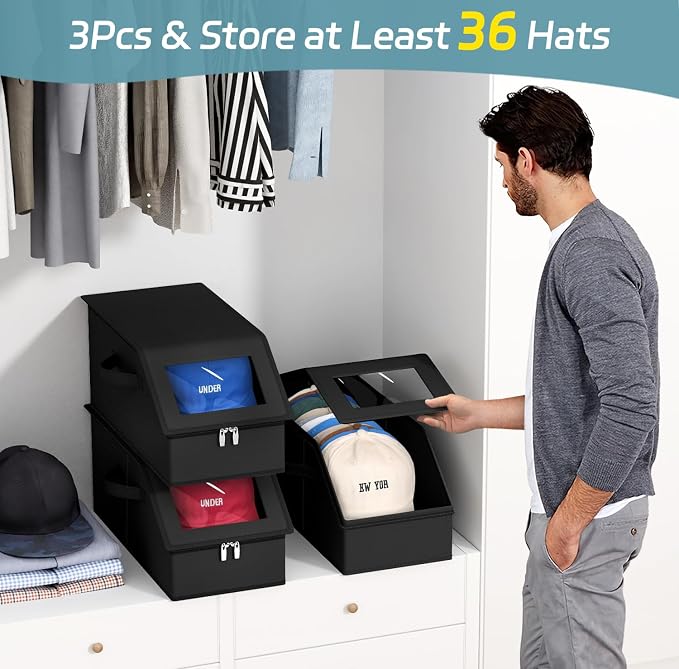 AOODA 3 Pack Stackable Hat Storage Box for Baseball Caps, Holds 36 Caps | Hat Organizer for Closet, Sturdy Hat Boxes for Men, with Cardboard, Space-Saving, Pure Black
