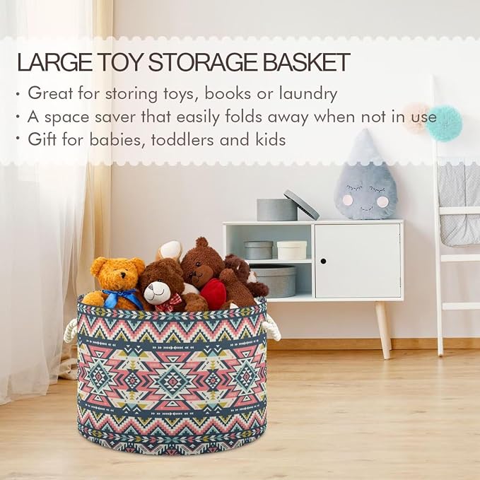 Pink Aztec Print Collapsible Round Storage Basket with Handles | Ethnic Tribal Navajo Large Laundry Baskets Hamper, Clothes Organizer Bin for Bedroom Living Room Decor, 20x 20x 14 Inches