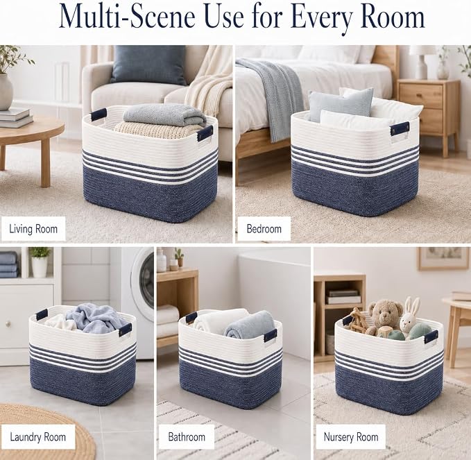 Cotton Rope Laundry Basket Medium, 15.4GAL Collapsible Woven Storage Baskets for Living Room Kids Toys Stuffed Animal,Boho Rectangular Decorative Short Hamper for Dirty Clothes, Blankets Denim Blue