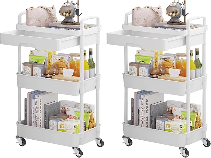 Calmootey 3-Tier Rolling Utility Cart with Drawer,Multifunctional Storage Organizer with Plastic Shelf & Metal Wheels,Storage Cart for Kitchen,Bathroom,Living Room,Office,White (Pack of 2)
