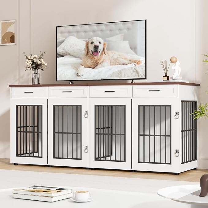 VOWNER 87" Dog Crate Furniture for 2 Dogs, Double Dog Cage Furniture, White | Extra Large Wooden Dog Kennel with 4 Drawer, Removable Divider, Furniture-Style TV Stand, XXL Dog Crate for Large Medium Dogs