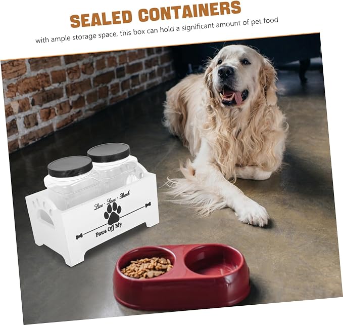 Wooden Dog Food Storage Box with 2 Canisters, Airtight Pet Treat Jar Holder and Snack Organizer, White Solid Wood Crate for Home Countertop Use