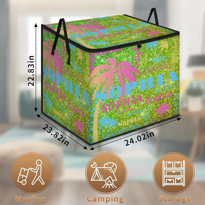Personalized Name Foldable Storage Basket Cubes with Lid, Butterflies Dirty Clothes Pet Toys Storage Bin with Handles for Shelf Home Closet Kitchen, Colorful Palm Trees Bright Lime Green Glittering