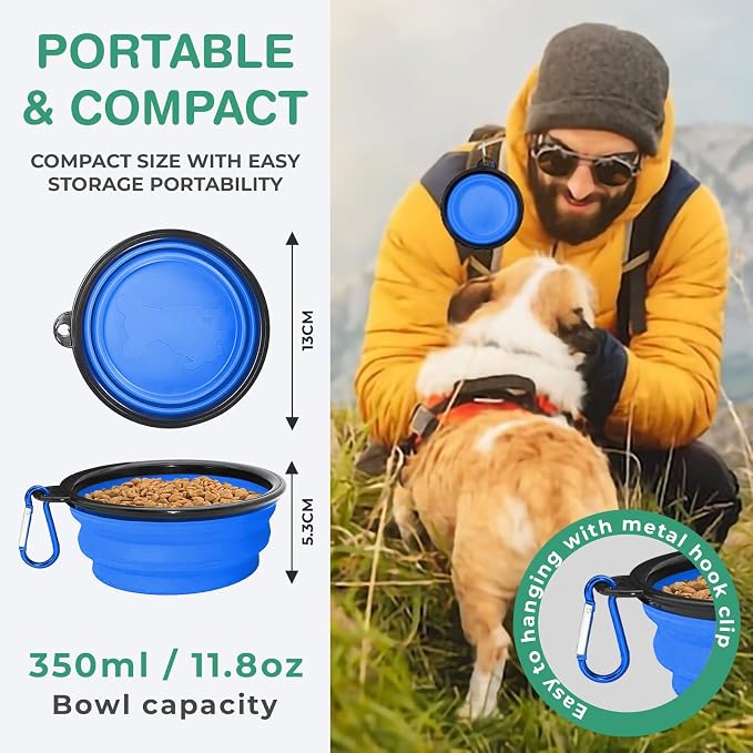 Collapsible Dog Water and Food Bowls, Blue, BPA Free | for Travel, Portable, Dogs and Cats, Foldable Pet Feeding Dish, Walking Hiking Camping with Carabiner