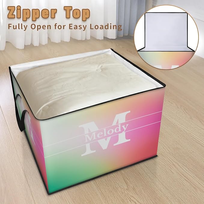 Personalized Extra Storage Bins with Lid, Customized Name Initial Letter Jumbo Storage Basket Rectangle Clothes Organizer for Organizing Kids and Pets Toys Shelf Closet, Gradient Pink with Purple