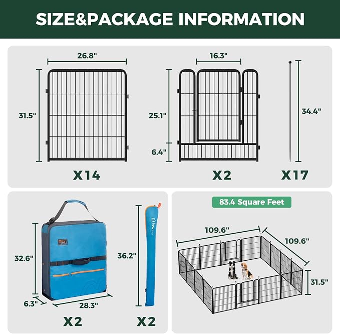 FXW Rollick Dog Playpen with Storage Bags, 32"H, 16 Panels | Heavy-Duty & Easy setup Play Area, 2 Bags for Easy Carry & Storage, for Small & Medium Dogs, Patented