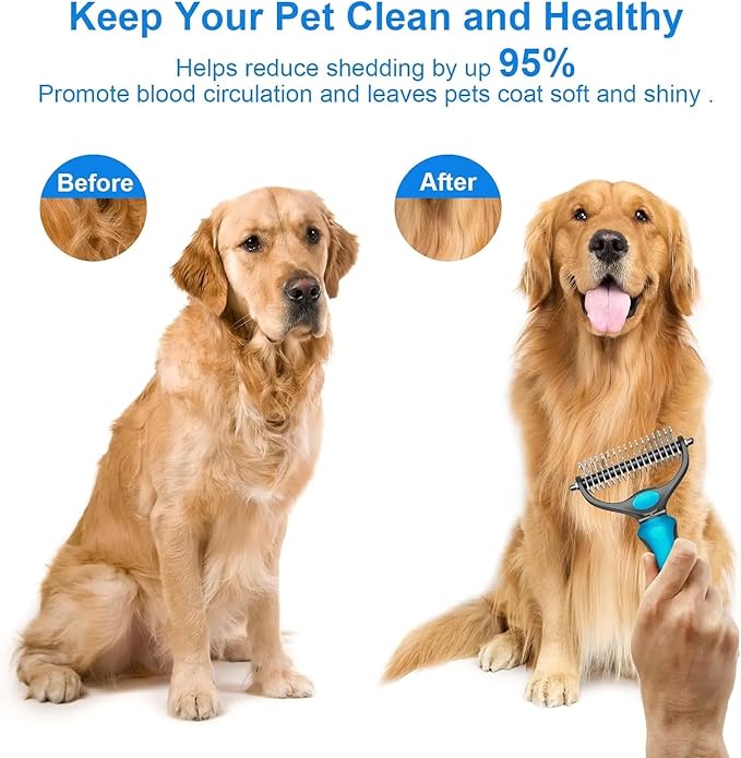 Pet Grooming Brush, Double Sided Shedding and Dematting Undercoat Rake Comb for Dogs and Cats