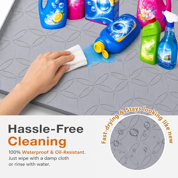 34"x22" Silicone Under Sink Mat Waterproof Cabinet Liner(Gray) | Leak-Proof Silicone Cabinet Protector with Raised Edges, Keeps Kitchen & Bathroom Cabinets Safe from Water Damage