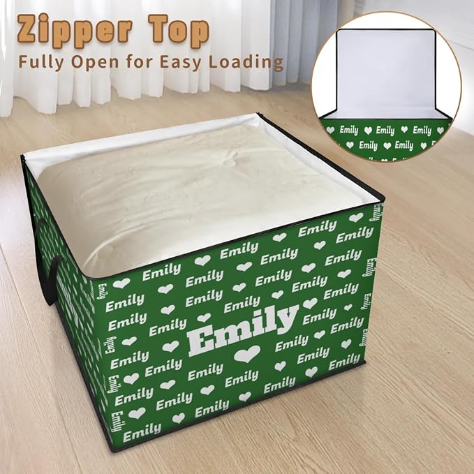 Personalized Extra Large Storage Bins with Lid, Customized Name Dark Green with Love Heart Jumbo Storage Basket Rectangle Clothes Organizer for Organizing Kids and Pets Toys Shelf Closet