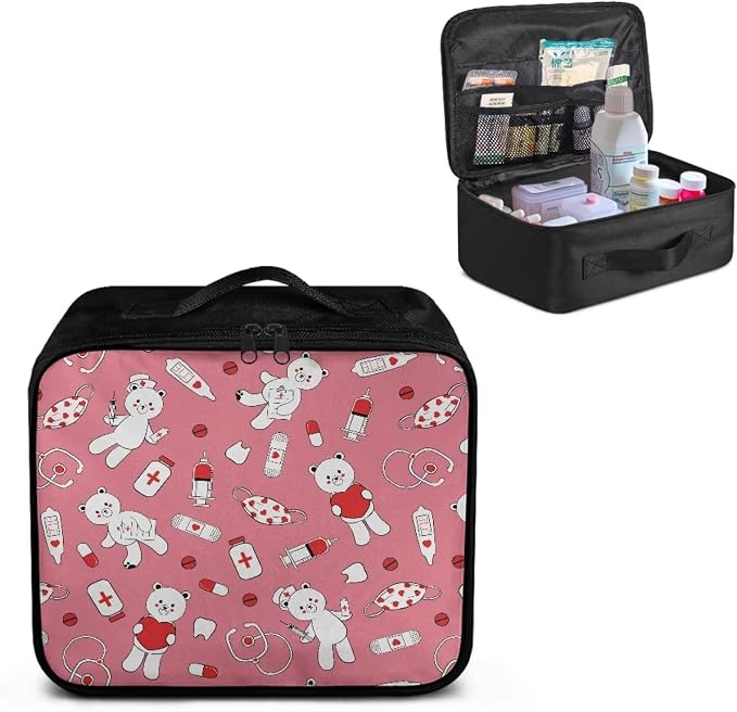 Nurse Bear First Aid Bag Empty Medium Cute Medicine Bag for Home Outdoor Travel Camping Hiking Medium Empty Medical Storage Bag Portable Pouch Dark Pink