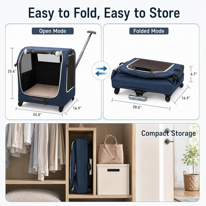 Foldable Rolling Pet Carrier Crate with Telescoping Handle | Soft-Sided Mesh Vents, 4 Smooth Wheels, Removable Inner Mat, Compact Flat Storage, Small to Medium Pets