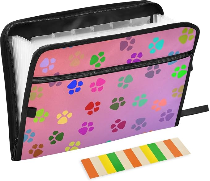 13 Pocket Zipper Expanding File Folder A4 Dog Paw Print Colorful | Accordion File Organizer with Front Pouch A4 Letter Size Portable Folders for Documents Receipt School Office Supplies