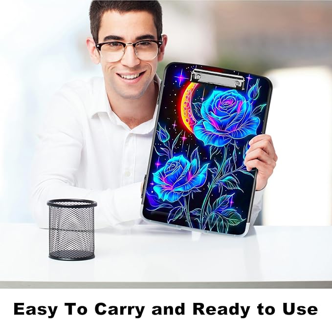 Blue Rose Moon A4 Clipboard with Storage Pen Holder, Clipboards Organizer Nursing Clipboard Foldable File Folder Plastic Clipboard Folio Clip Board for Office Students Classroom Doctor