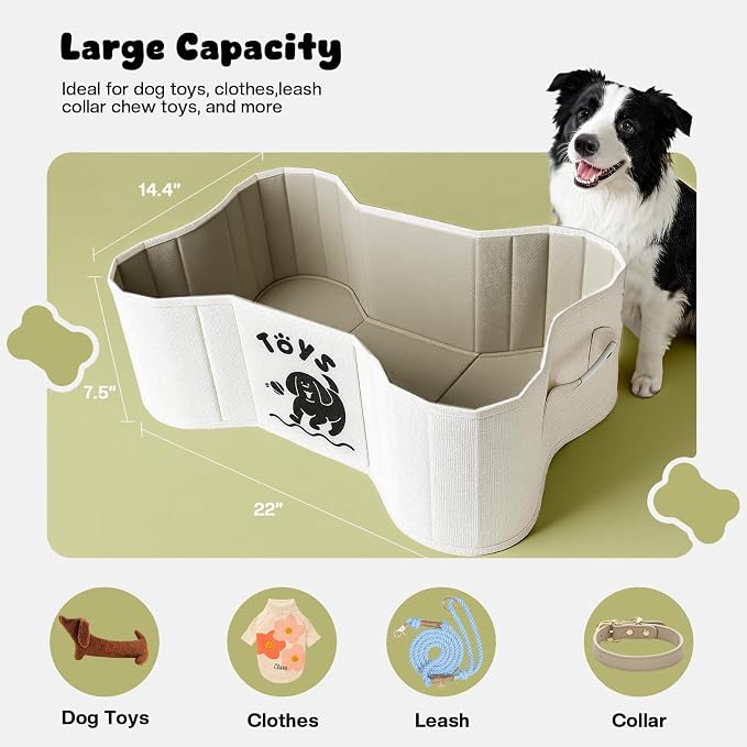39L Dog Toy Basket, Collapsible Dog Bone Baskets for Toys, Dogs Storage Organizer with PU Handles, Pet Toys Basket with Bone Shape Design, Toy Baskets for Dogs, Gray, 22" x 14.4" x 7.5", Beige