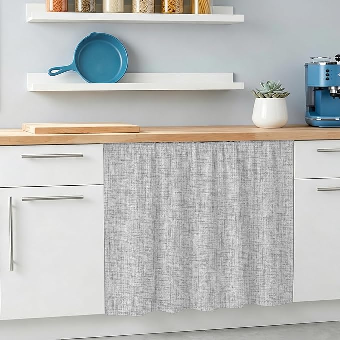 Cabinet Curtains 11x13inch Sink Skirt, Modern Minimalist Gray Desk Skirt for Kitchen Bathroom Shelves, Country Linen Style Privacy Cabinet Curtain Self Stick Adhesive Under Sink Skirts