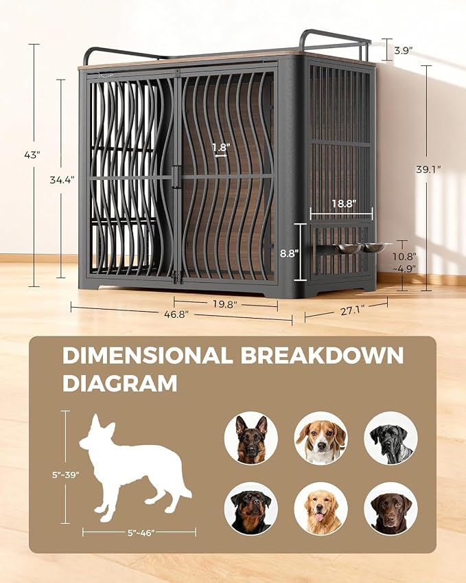 48 Inch Large Dog Crate Furniture, Heavy Duty Wood Dog Kennel Furniture Indoor for Large and Medium Dogs, Pet Crate Furniture with Adjustable Rotating Hanging Bowl and Table, Brown