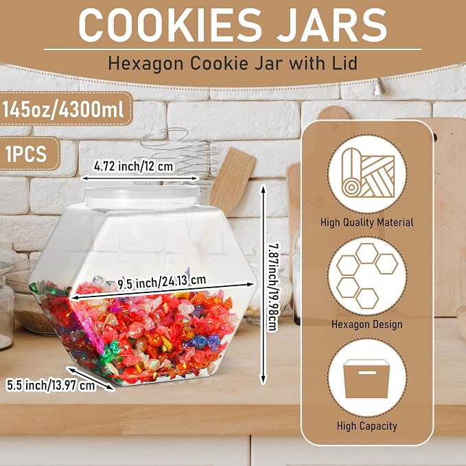 Uiifan Plastic Candy Jar with Lid Clear Hexagonal Fish Bowls,145 Oz | Clear Cookie Jar Desk Pet Display, Dog Food Craft Supplies Coffee Pod Storage, Wide Mouth Easy Access Organizer