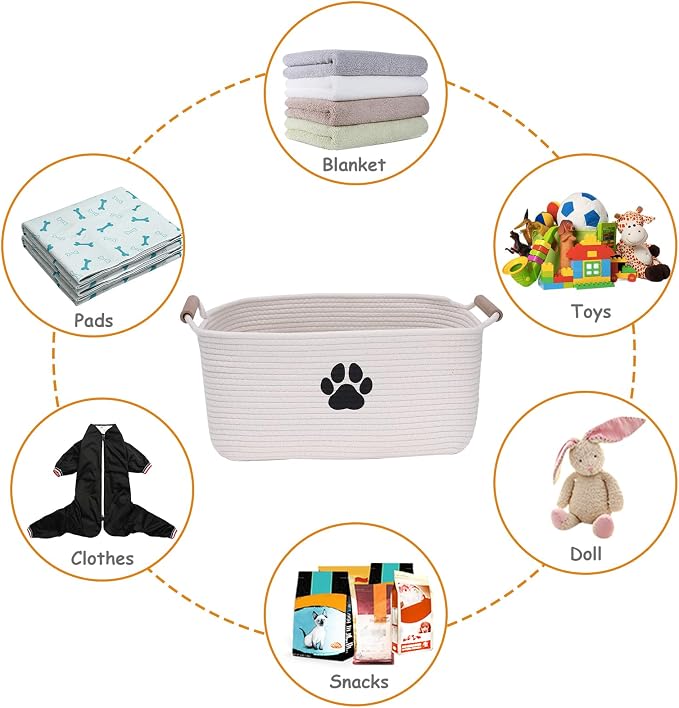 dog toy basket Cotton Rope dog toy box with wood handle pet toy bin Blanket Storage Basket Decorative Clothes Hamper Basket Large Baskets