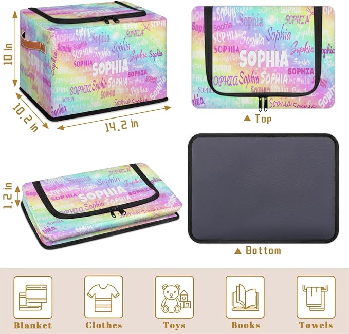 Personalized Kids Toy Box with Name, Custom Nursery Baskets Cubes Box with Zipper Lid, Kids Custom Storage Basket Laundry Baskets Organizer with Handles, Colorful Rainbow Color