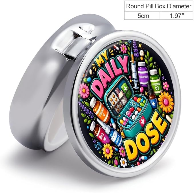 Daily Dose Vitamins Supplements Health Care Round Pill Box with 3 Compartments, Portable Travel Pill Organizer with Spring Snap Closure for Vitamins Supplements Fish Oil