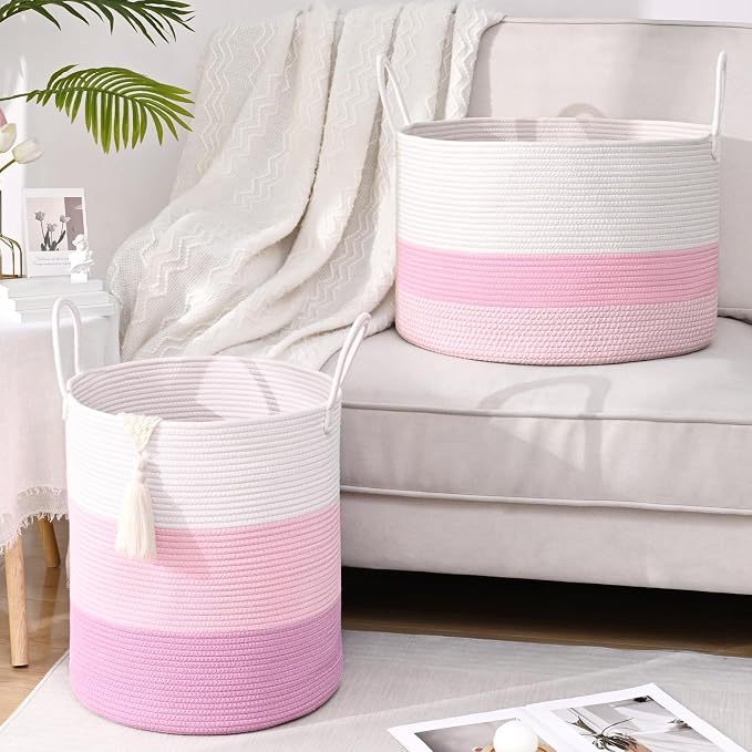 67L Large Woven Blanket Basket, Cotton Rope Baby Laundry Hamper with Handles, Kids Toy Basket for Classroom & Nursery, Soft Round Stuffed Animal Storage, Dog Toy Bin - 20"x13", Light Pink