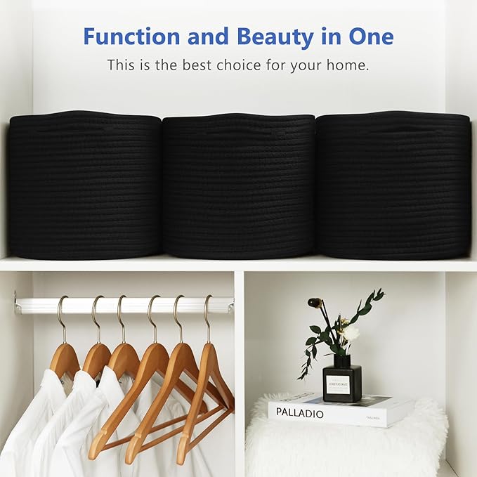 ECDYQXVU 15x10x9 Inch Woven Cotton Rope Storage Basket, Black, 1 Pack | Foldable Design, Built-in Handles, Space-saving Organizer for Living Room, Bedroom, Laundry, Shelves, Clothes, Towels
