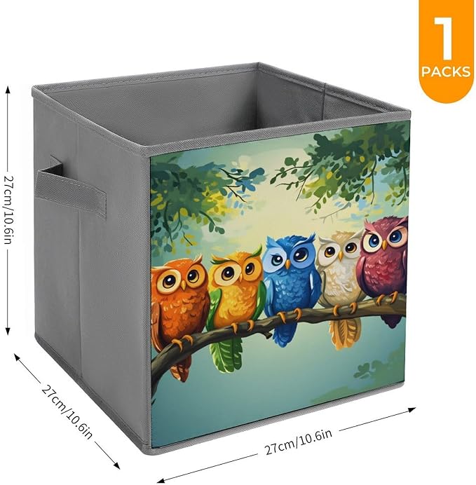 Owl Foldable Storage Bins, 10.6" Cube Storage Organizer, Sturdy Oxford Cloth Fabric Baskets for Closet, Shelf, Nursery, Bedroom, Decorative Printed Box for Toys & Clothes